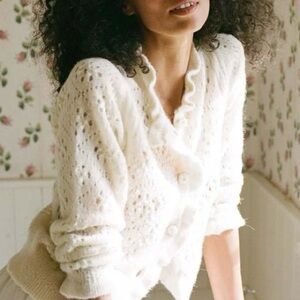 Doen Claudie Ruffled Pointelle Alpaca-Blend Cardigan in Ivory Fits S-M